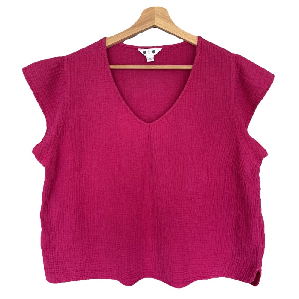 Three Dots Pink Fuchsia 100% Cotton Gauze Blouse Women's XL Short Sleeve V-Neck